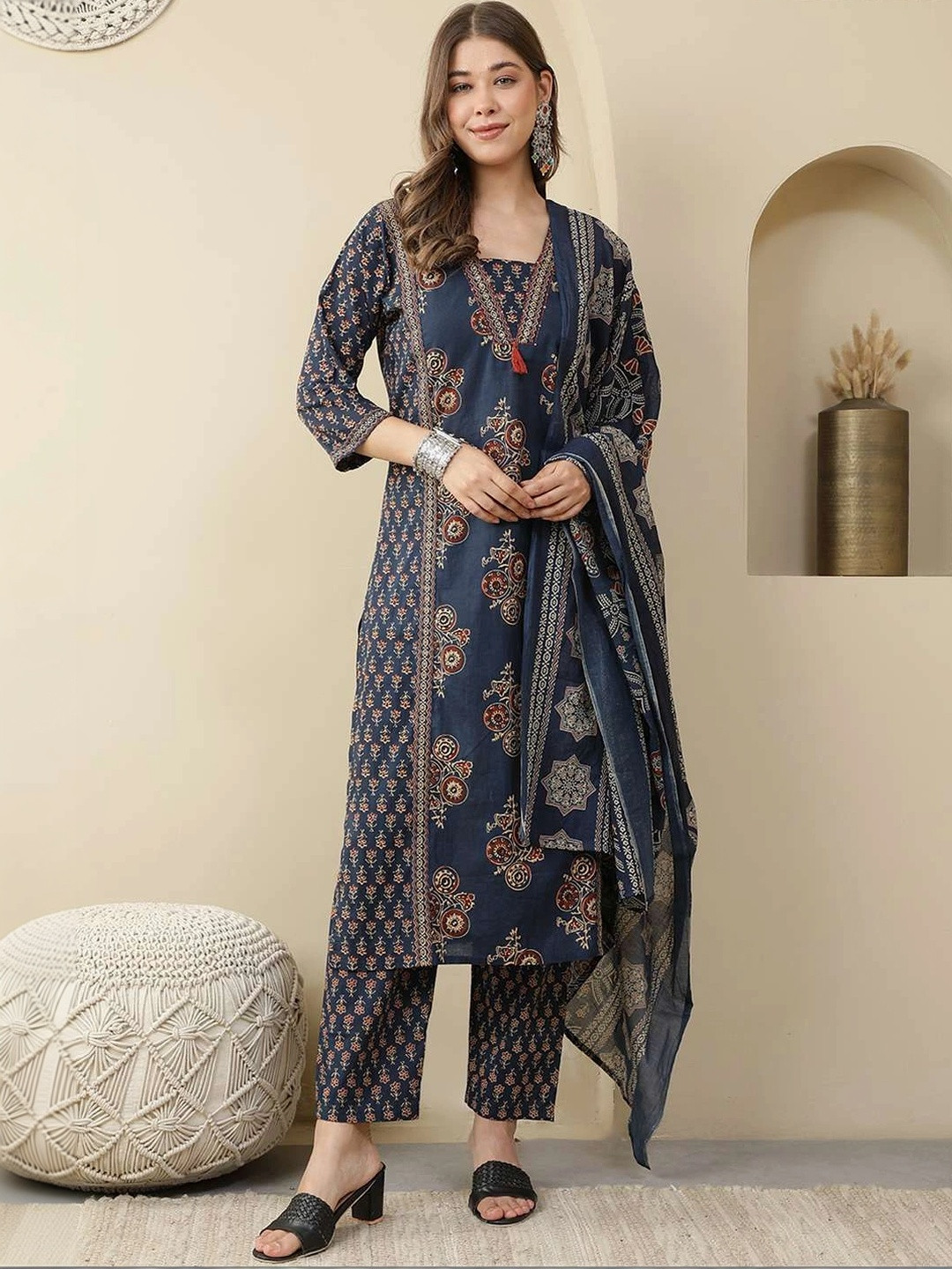 FebQ Women Ethnic Motifs Printed Regular Pure Cotton Kurta with Trousers & With Dupatta