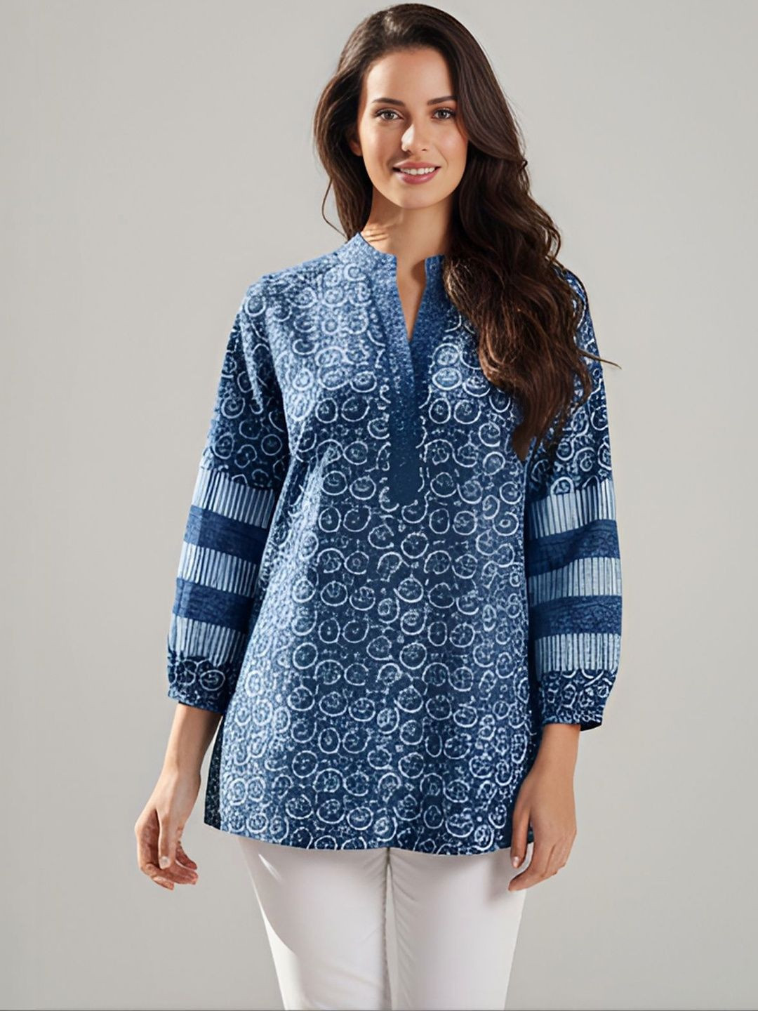 IKRASS Blue Abstract Print V-Neck Cotton Top