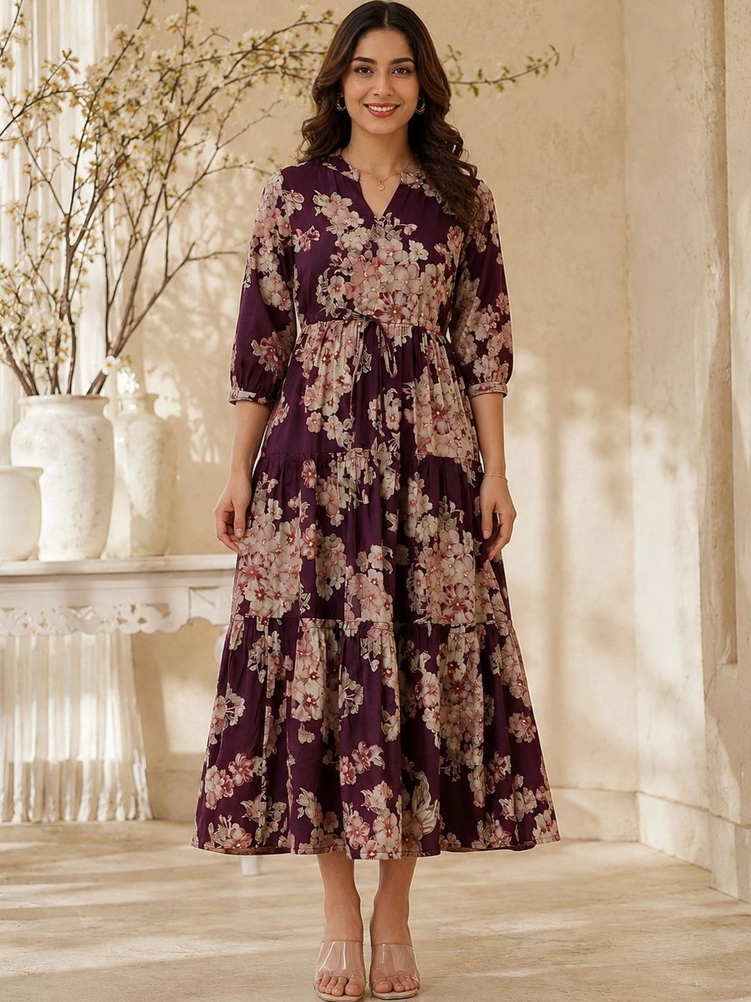 Manqsh by Claura Floral Print A-Line Midi Dress