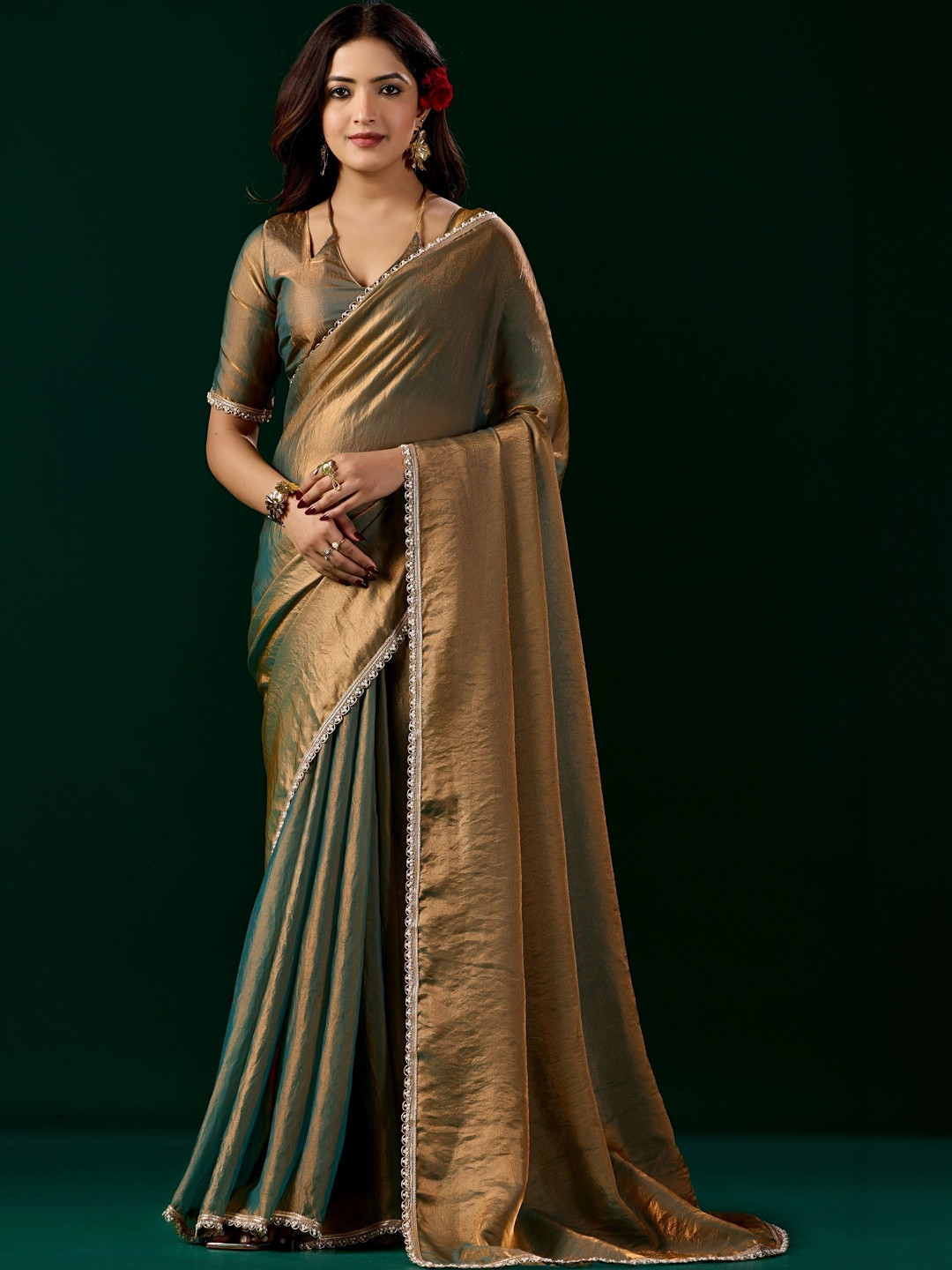 KANYAARI Alia Mehndi Satin Saree With Cutdana Work