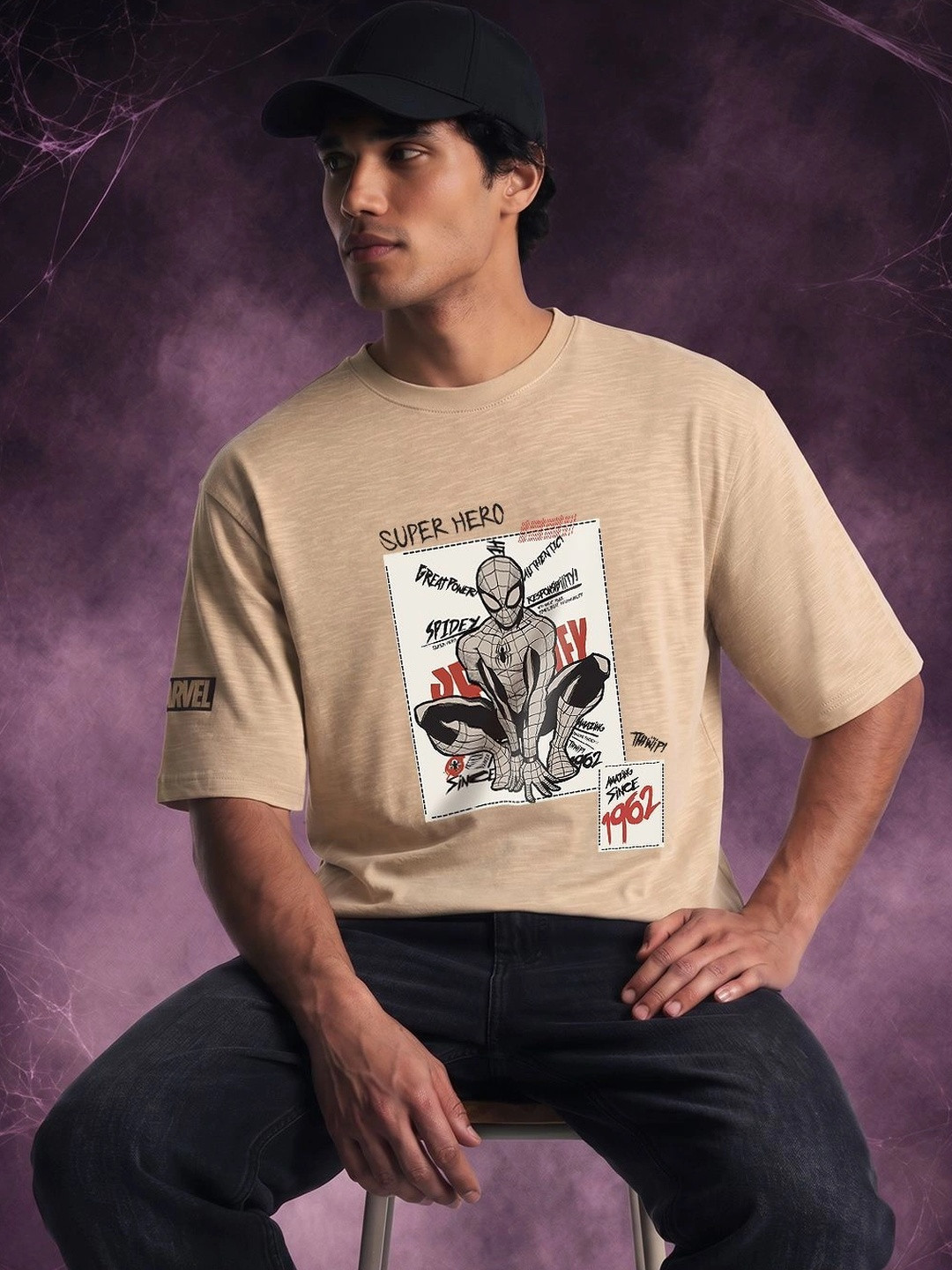 Bewakoof Air Marvel Spiderman Men's Brown Spidey Graphic Printed Oversized T-shirt