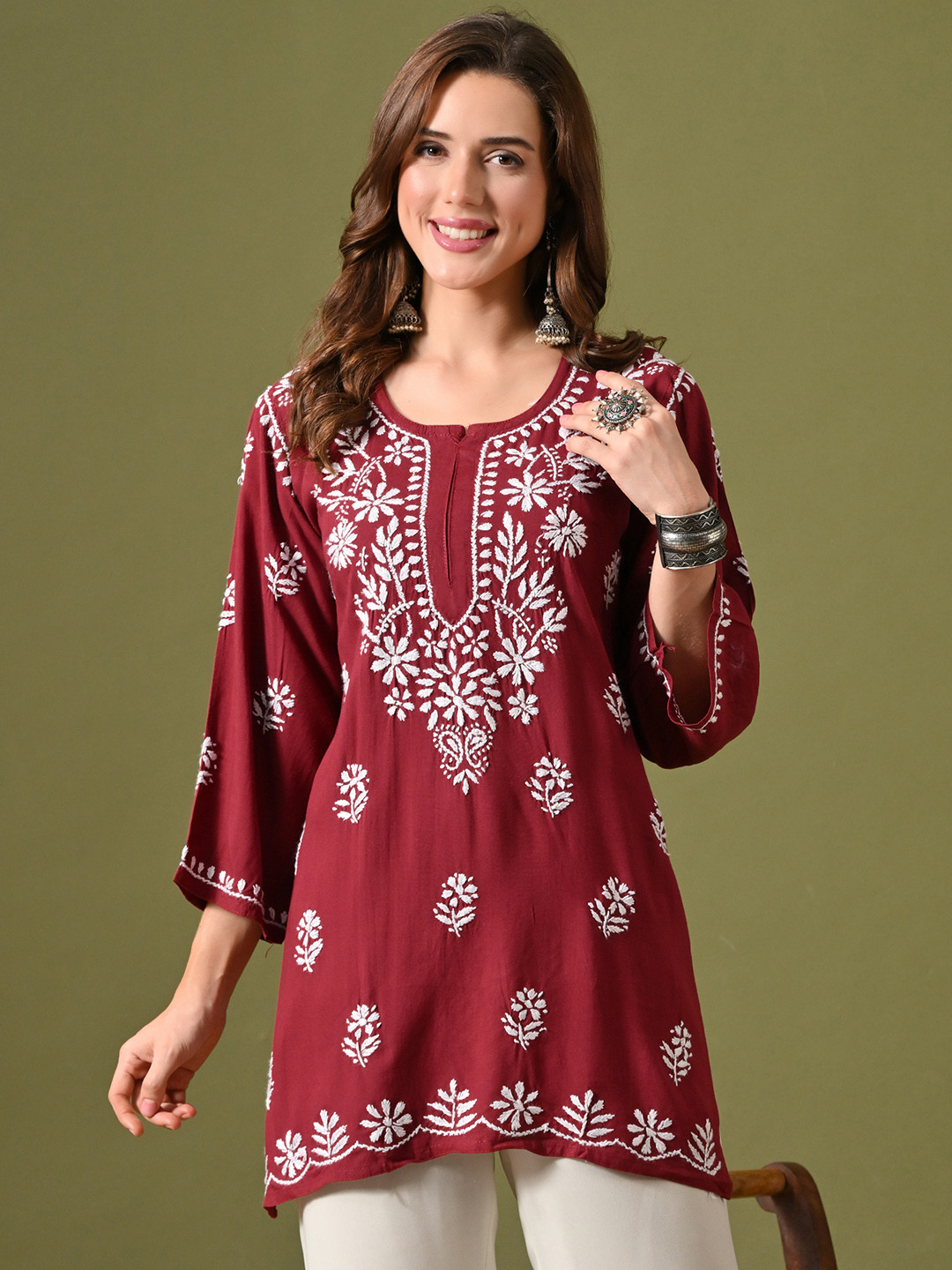Syrish Ethnic Motifs Embroidered Chikankari Handloom Chikankari Kurti