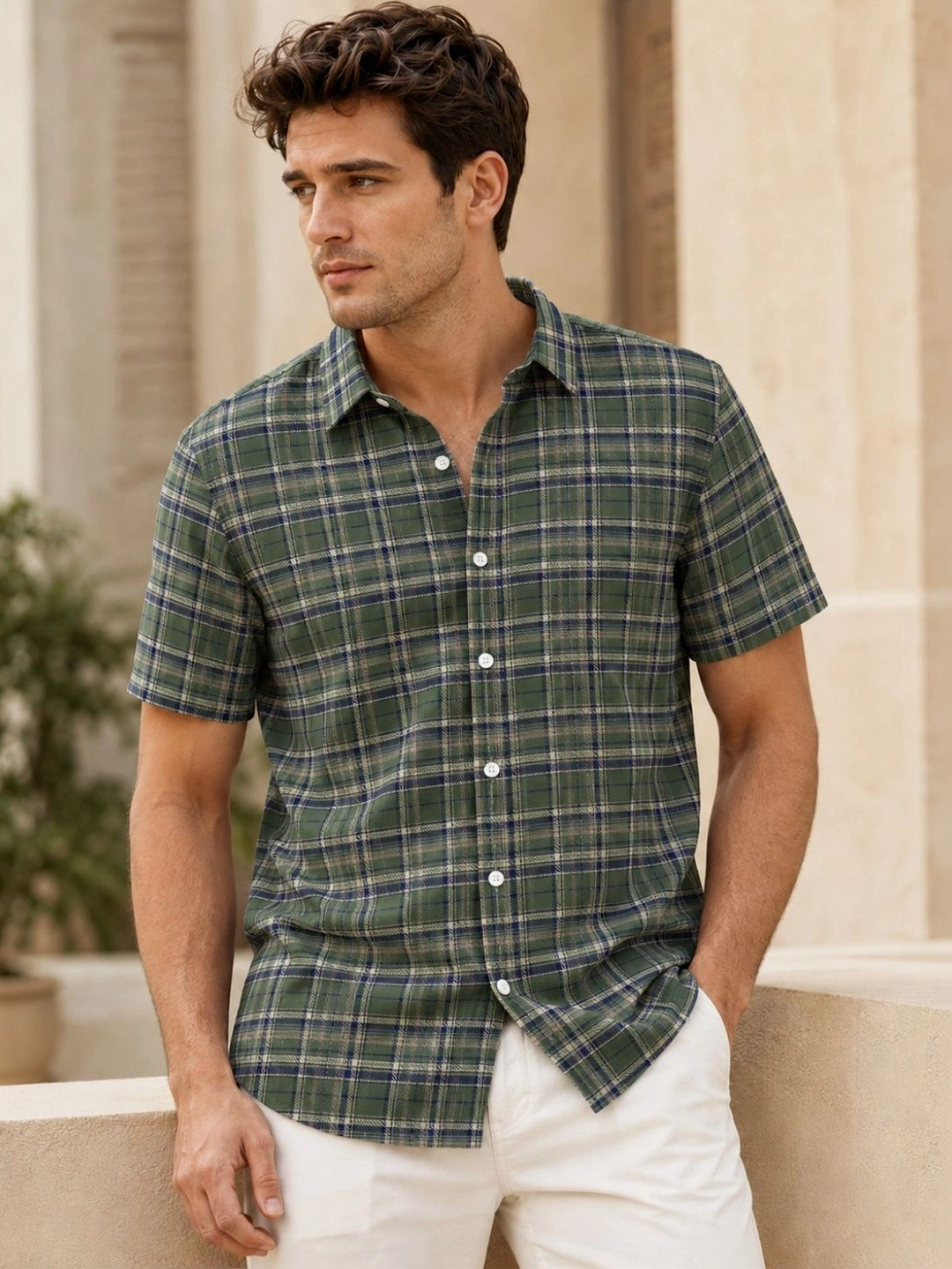 SOLIXON Men Dark Green Checkered Half Sleeves Regular Fit Casual Flannel Shirt