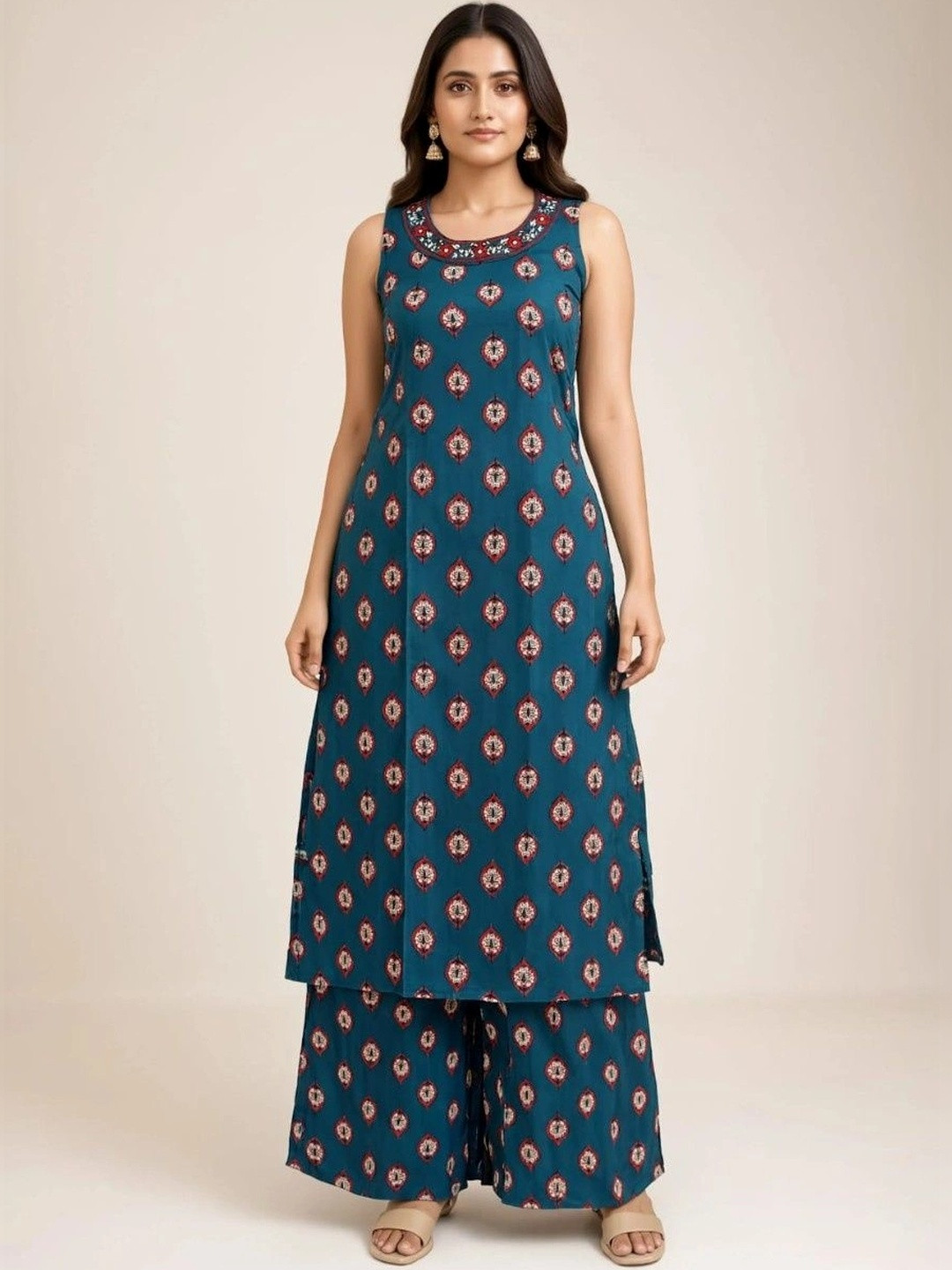 Sangria Women Ethnic Motifs Printed Regular Thread Work Pure Cotton Kurta with Palazzos