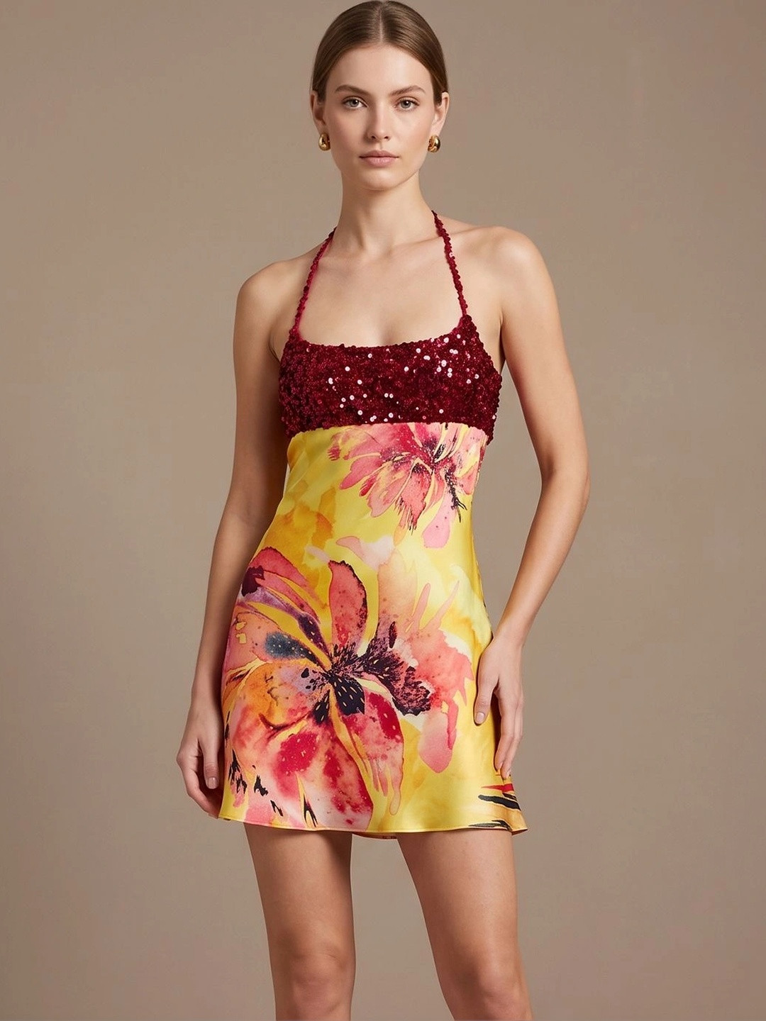 ATELIER REBEL Floral Print Halter Neck A-Line Mini Dress