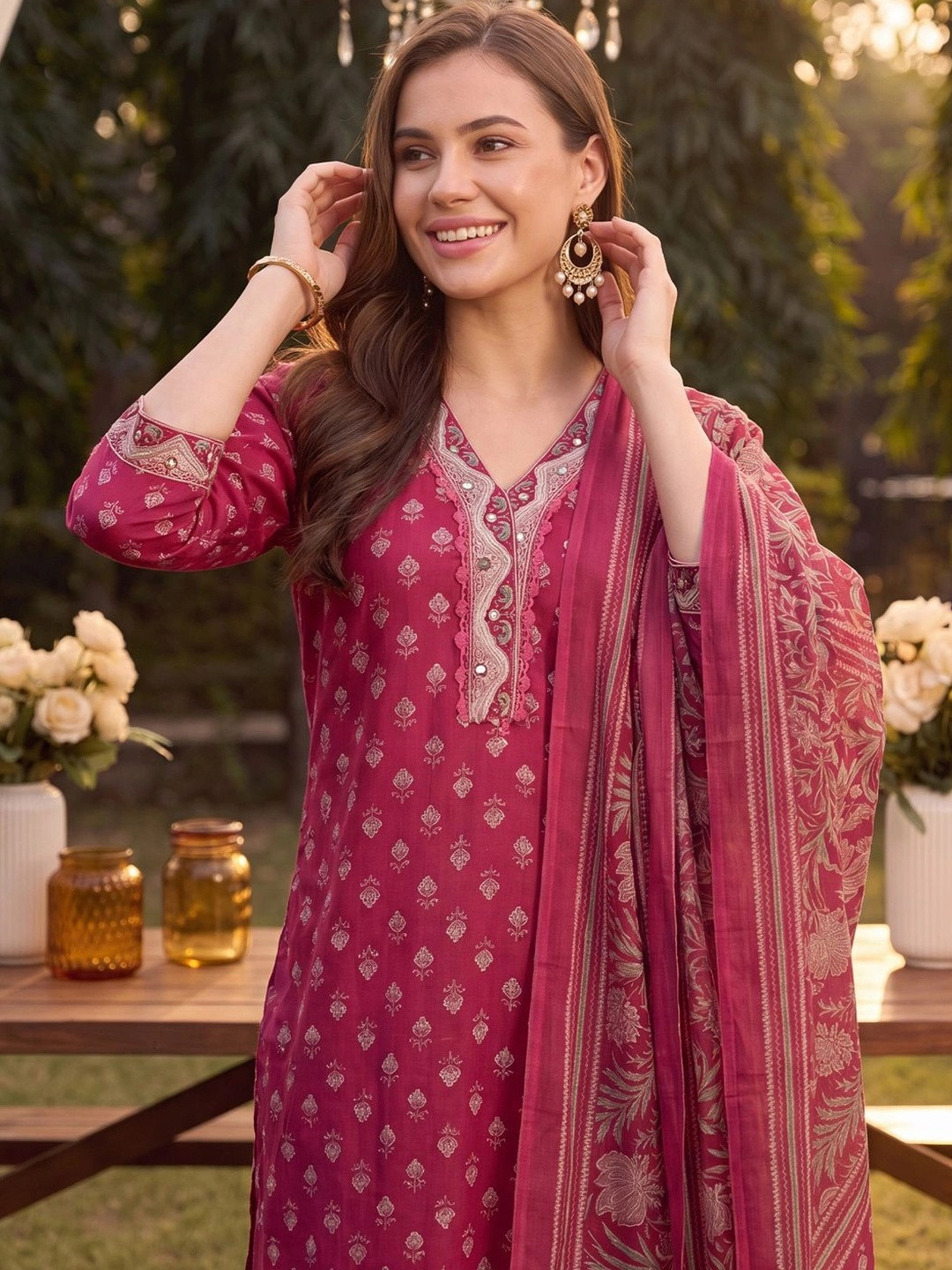 Indo Era Women Ethnic Motifs Printed Regular Mirror Work Pure Cotton Kurta with Harem Pants & With Dupatta