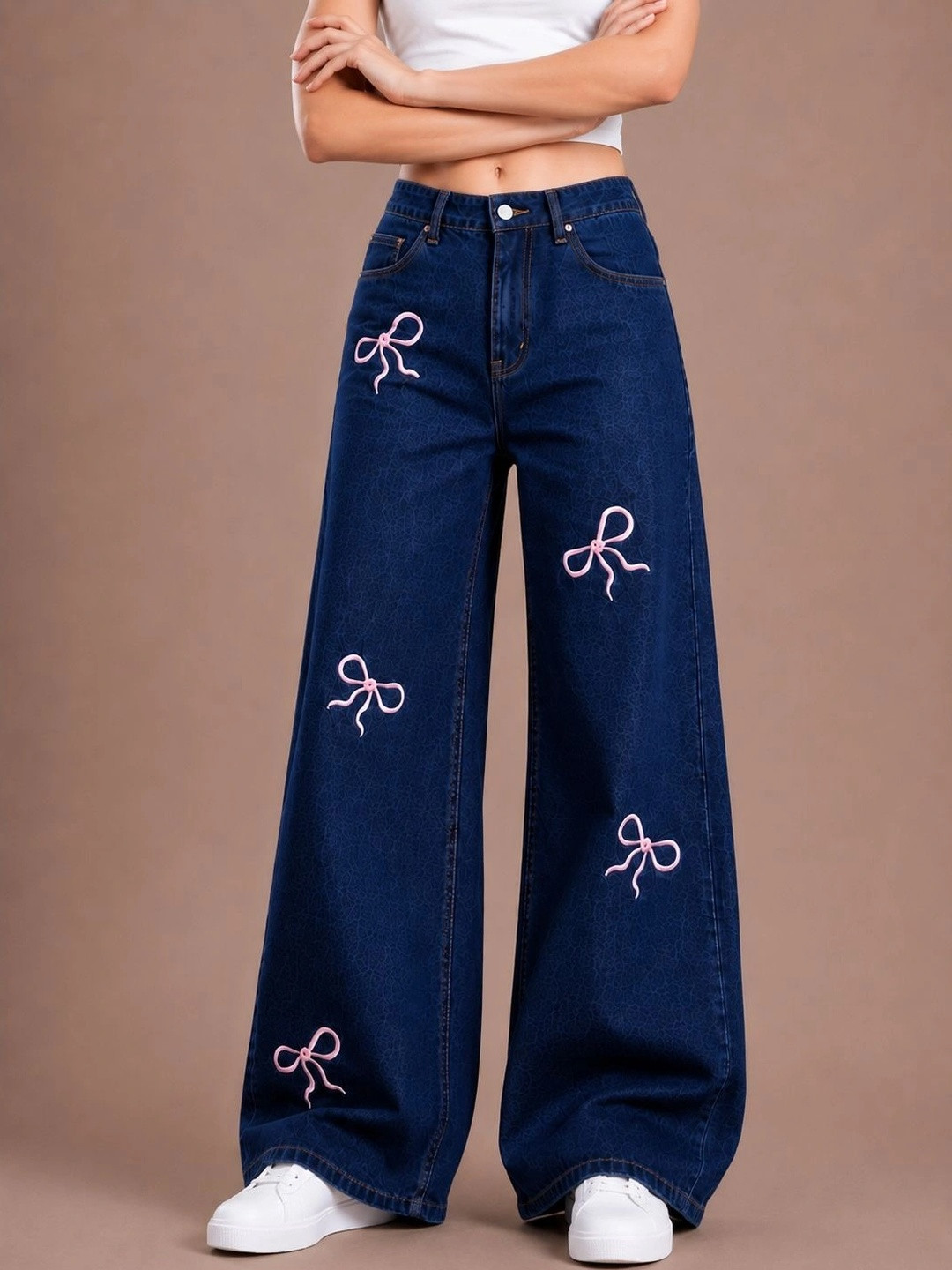 glitchez Women Comfort Wide Leg High-Rise Light Fade Embroidered Stretchable Jeans