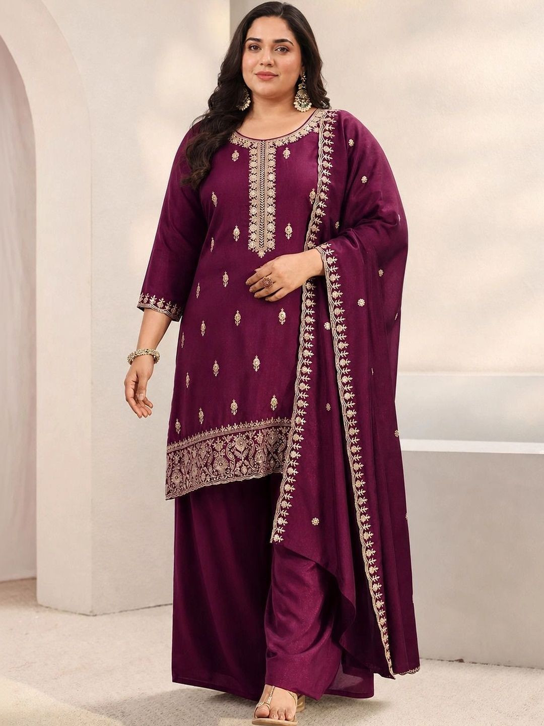 EXTRA LOVE BY LIBAS Plus Size Burgundy Embroidered Silk Blend Palazzo Suit Set With Dupatta