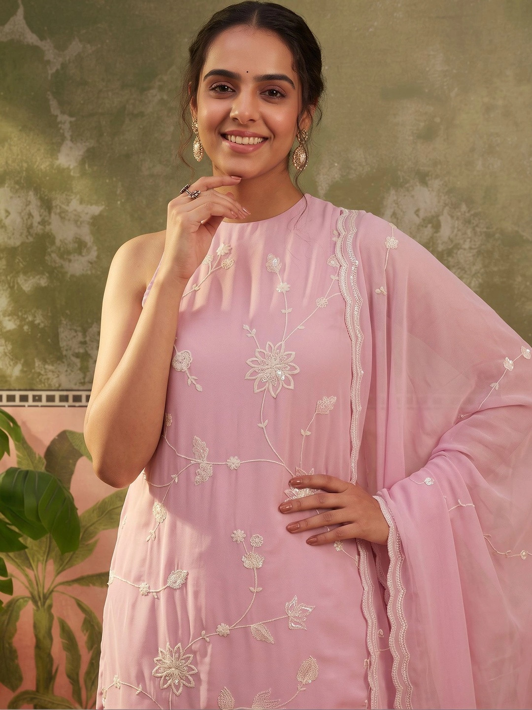 Sangria Women Floral Embroidered Regular Thread Work Kurta with Palazzos & With Dupatta