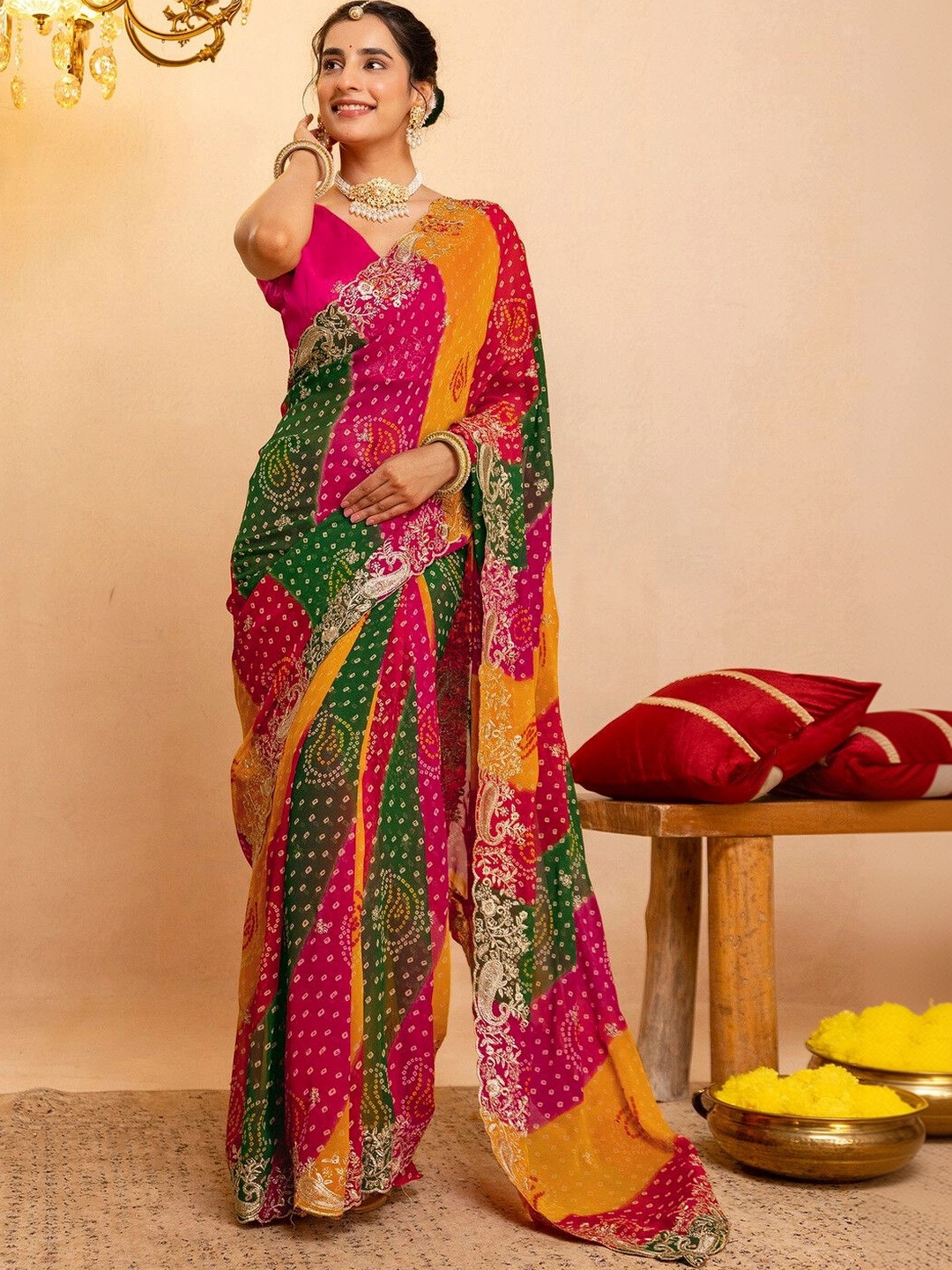 KALINI Bandhani Embroidered Pure Georgette Fusion Bandhani Saree