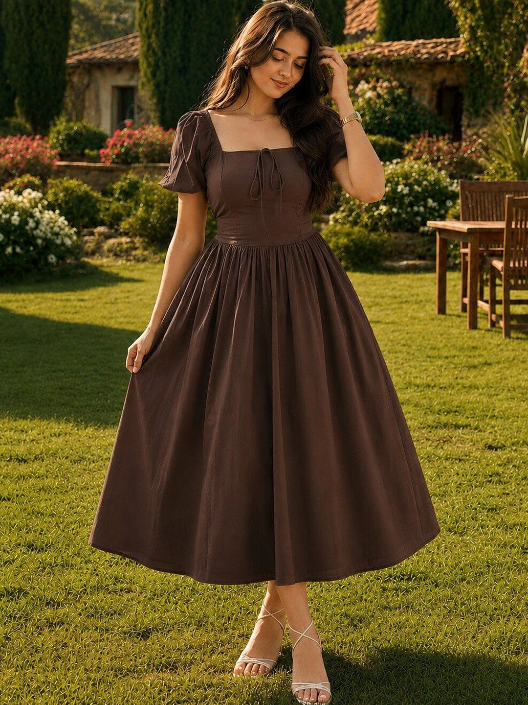 ELYRAA Puff Sleeve A-Line Midi Dress