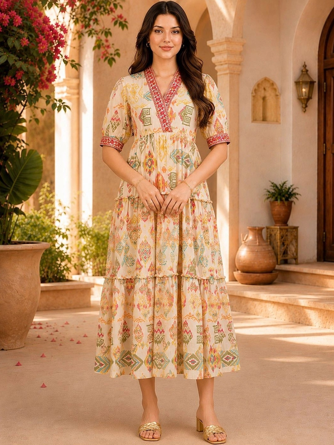 Manqsh by Claura Ethnic Motifs Print A-Line Midi Dress