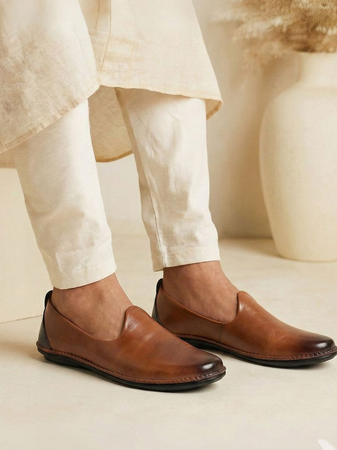 FAUSTO Men Tan Ethnic Slip On Stylish Stitched Jutis