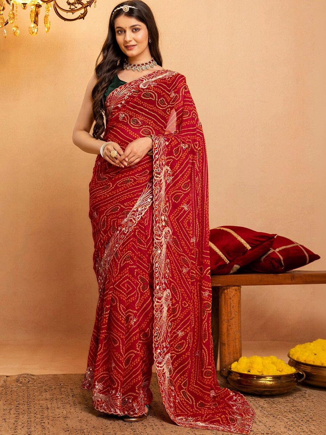 KALINI Bandhani Embroidered Pure Georgette Fusion Bandhani Saree