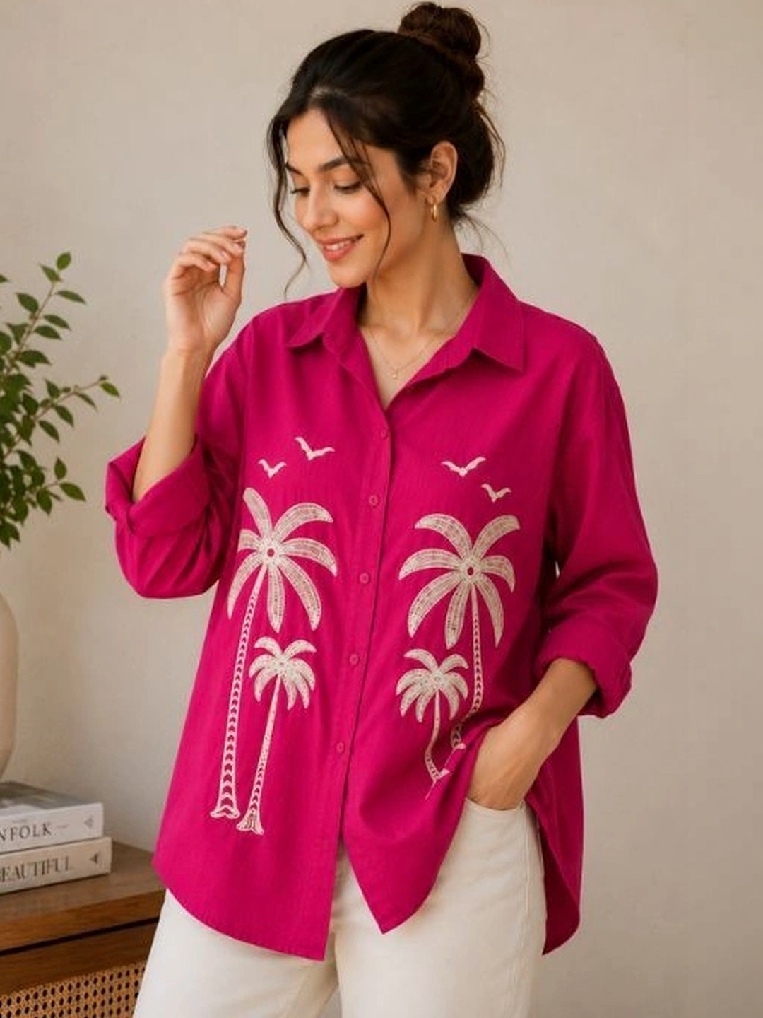 Crown Threads Tropical Embroidered Roll-Up Sleeves Tropical Top