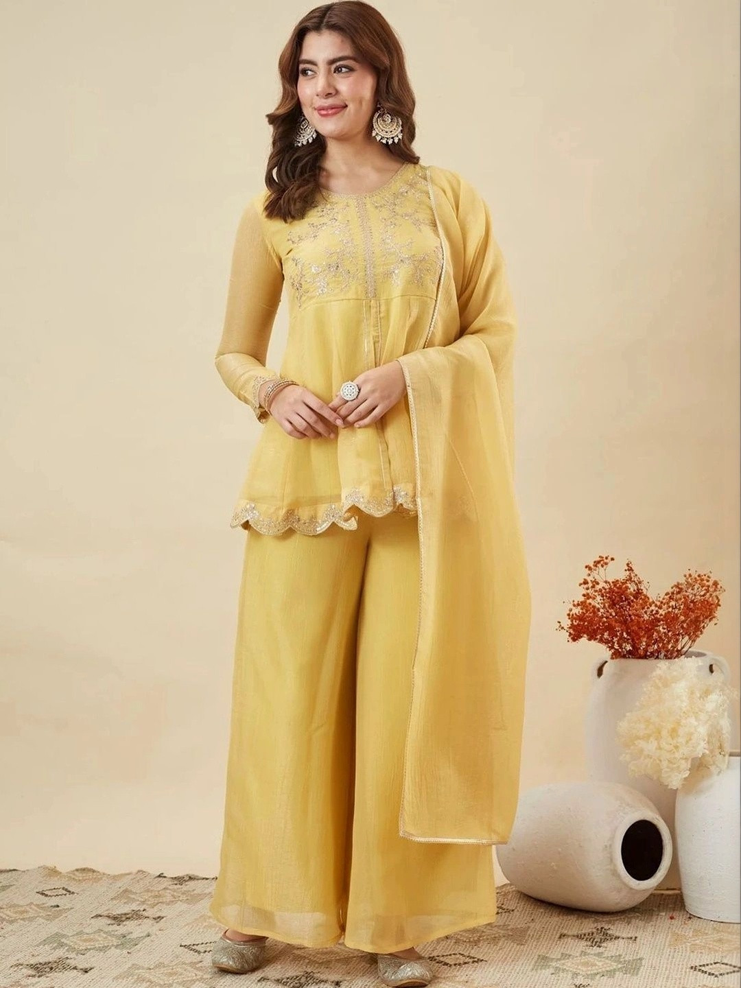 ZARVIKA Women Ethnic Motifs Embroidered Empire Kurti with Sharara & With Dupatta