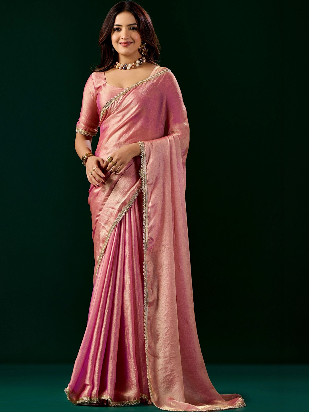 KANYAARI Nakhrali Pink Satin Saree With Cutdana Work