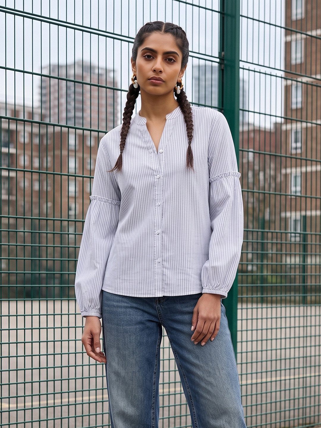 The Roadster Life Co. Striped Puff Sleeve Casual Shirt