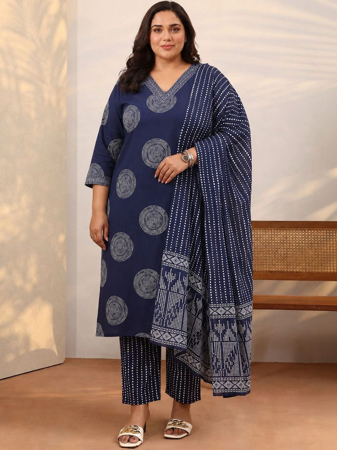 EXTRA LOVE BY LIBAS Plus Size Blue Geometric Printed Cotton Suit Set With Dupatta