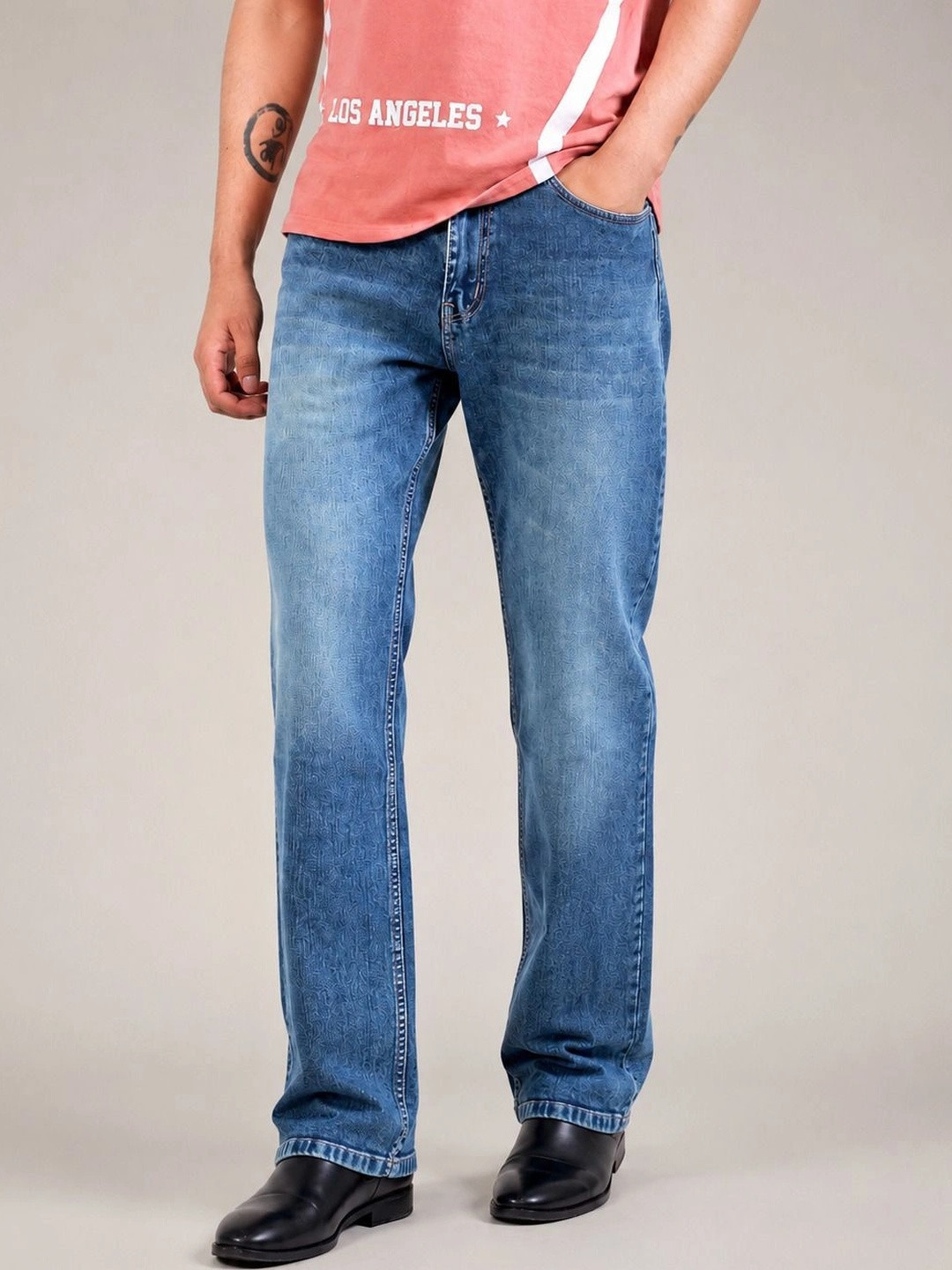 Denimora Men Straight Fit Mid-Rise Low Distress Stretchable Jeans