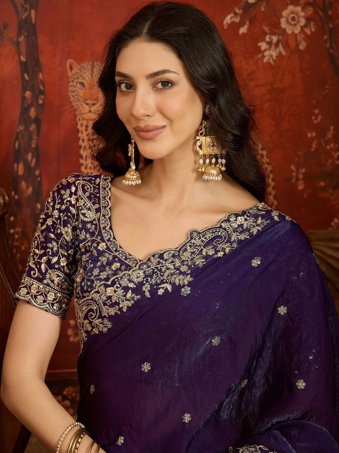 Sangria Floral Embroidered Tissue Heavy Work Saree