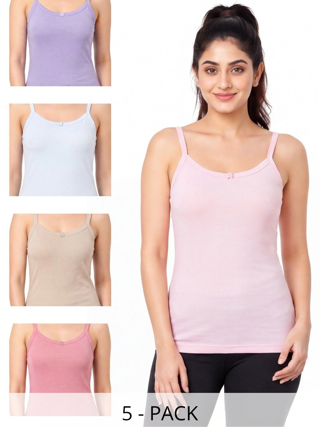 OPEX Pack Of 5 solid Cotton Non Padded Camisoles
