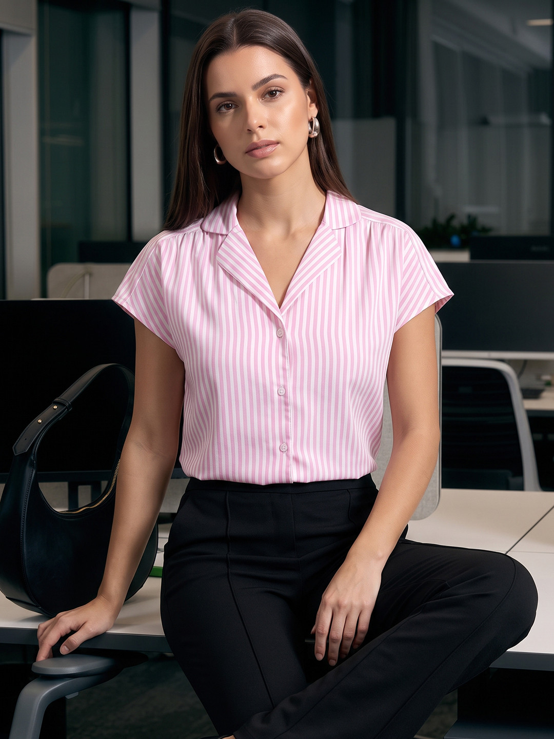 her by invictus Vertical Striped Extended Sleeves Pure Cotton Shirt Style Top