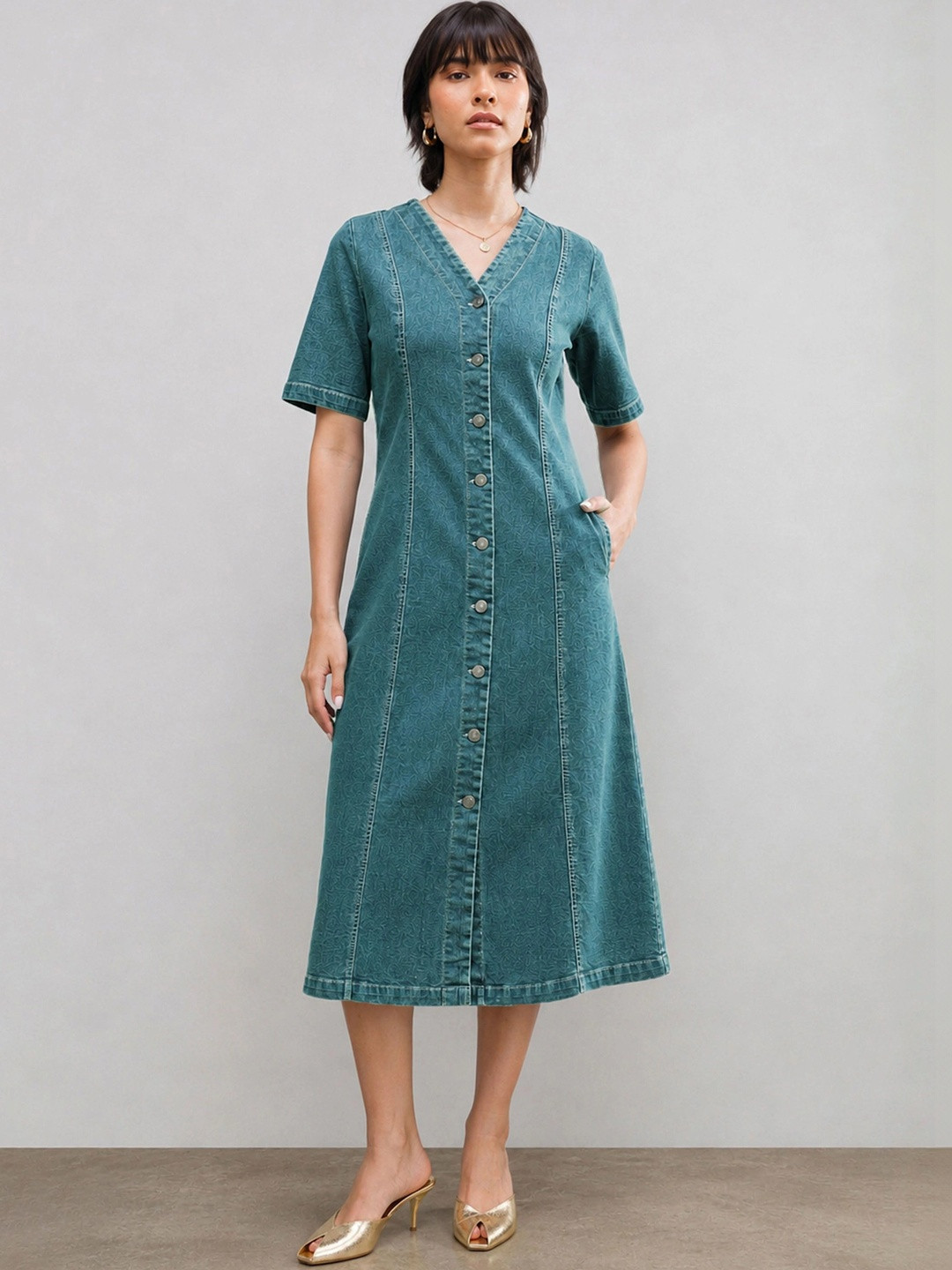 SASSAFRAS Denim A-Line Midi Dress