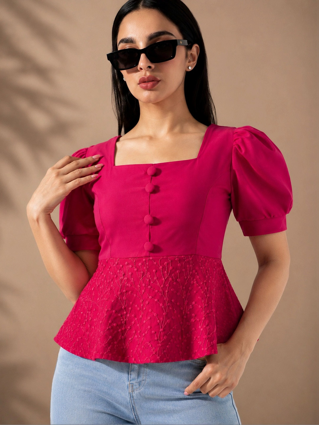 Magenta Embroidered Puff Sleeve Peplum Top