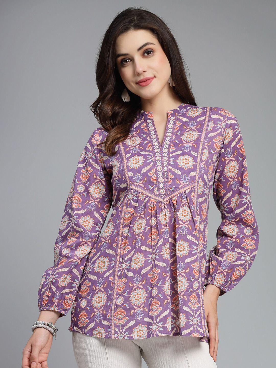 QOMN Ethnic Motifs Printed Mandarin Collar Pure Cotton Top