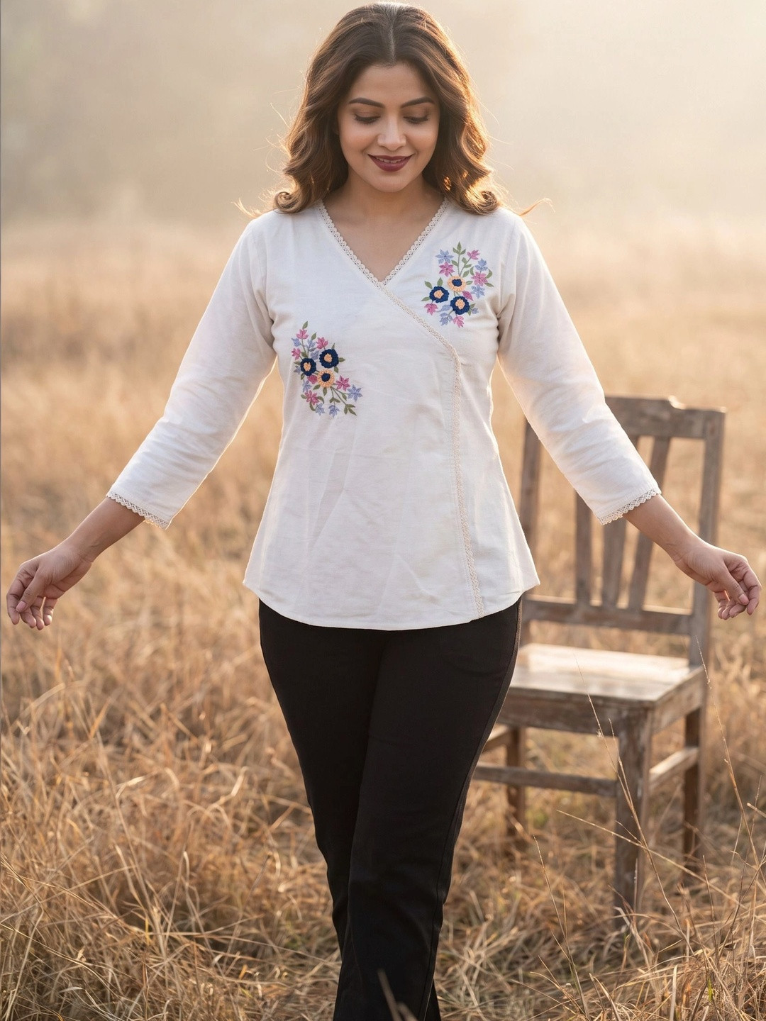 BLOUSEWALA Floral Embroidered Organic Cotton Wrap Top