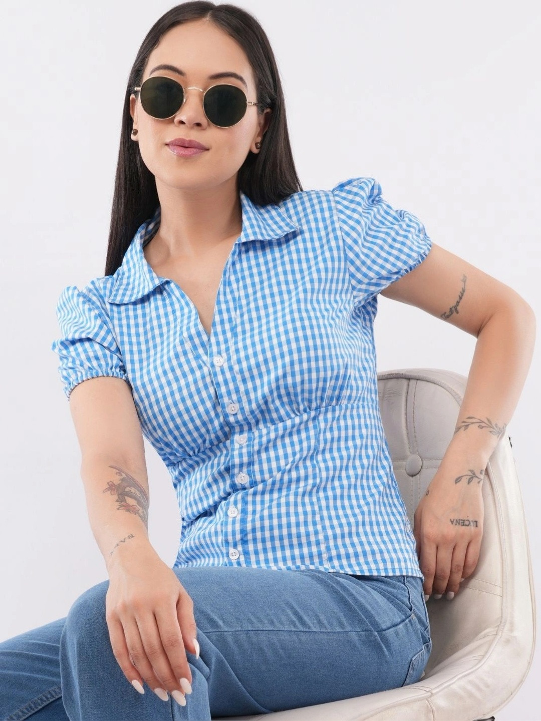 MINTBLU Checked Puff Sleeve Top