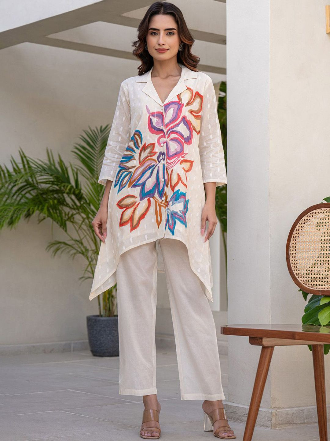 Indo Era Floral Printed Shirt Collar A-Line Pure Cotton Kurta With Trousers