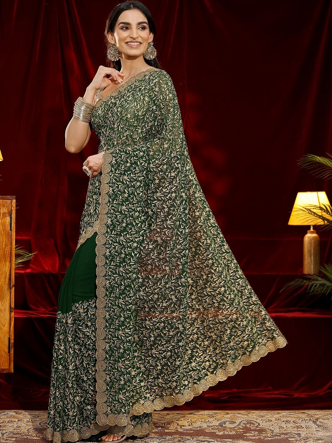 Libas Bottle Green Floral Embroidered Georgette Saree
