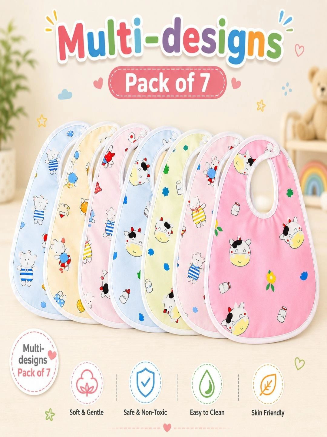 TOTILO Infants Pack Of 7 Printed Waterproof Bibs