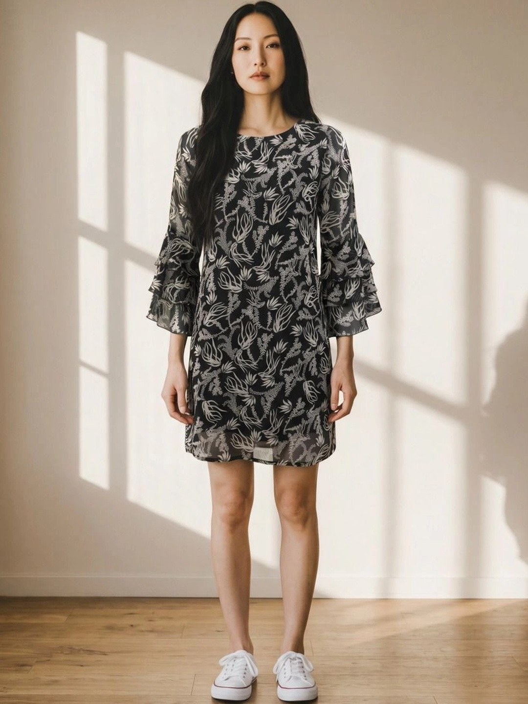 Hive91 Floral Print Flared Sleeve Ruffled Chiffon A-Line Dress