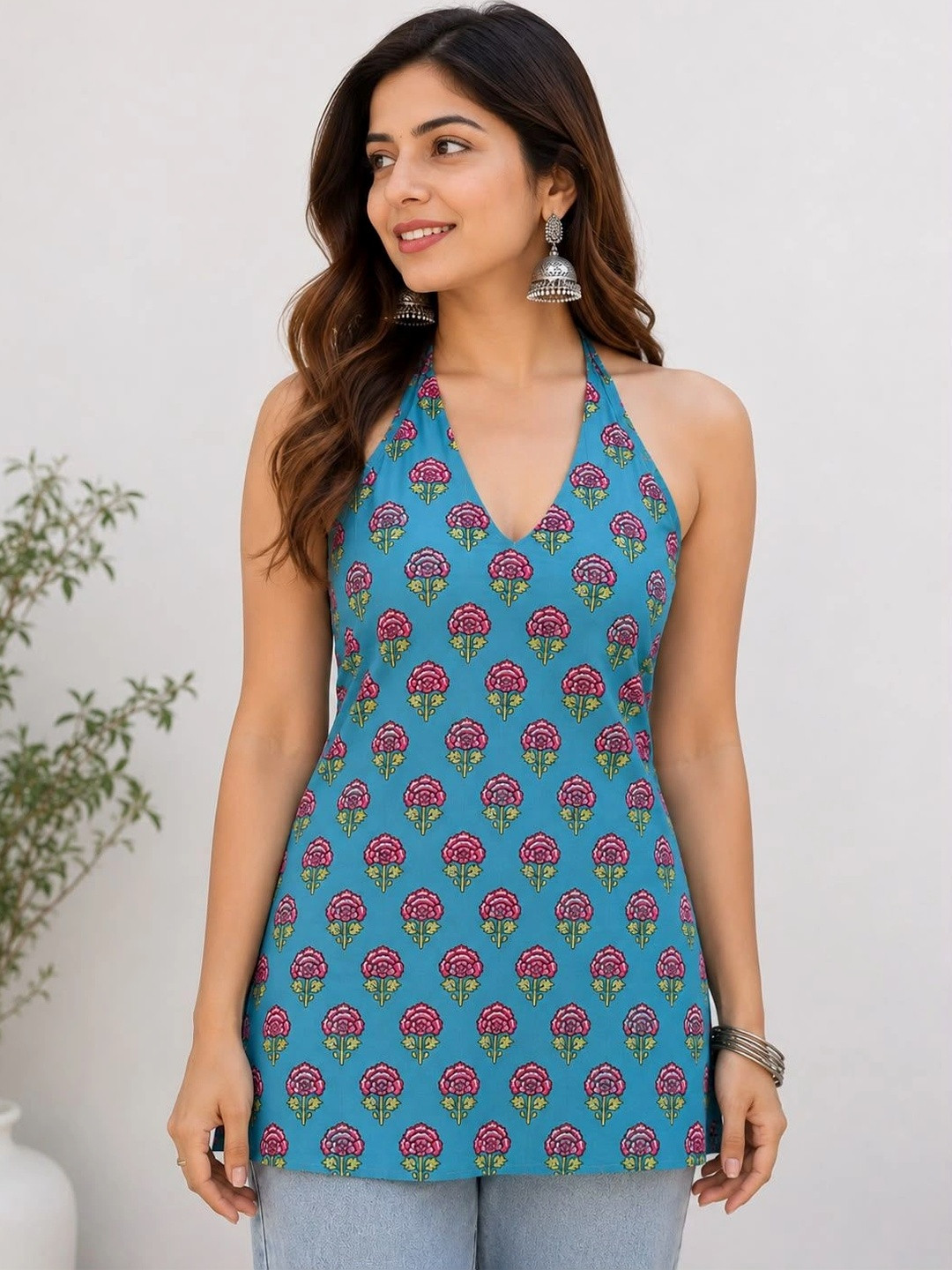 JAIMINI Women Floral Printed Halter Neck Indie Florals Kurta