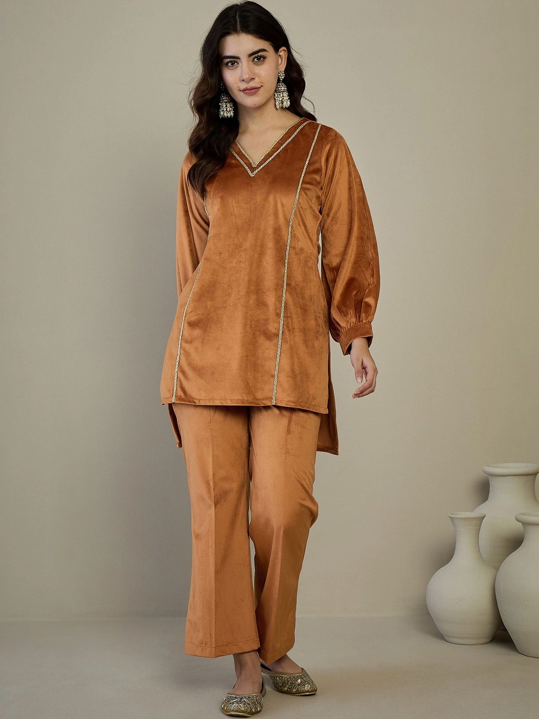 Sangria Women Ethnic Self Design Velvet Top With Trousers Co-Ords Set