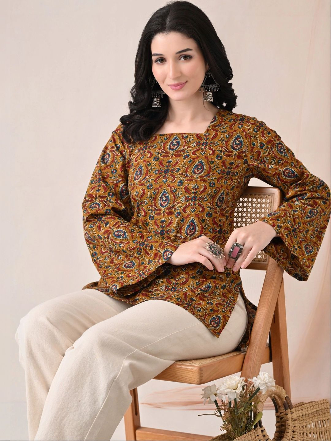 CRENOL THREADS Ethnic Motifs Printed Square Neck Flared Sleeves Pure Cotton Kurti