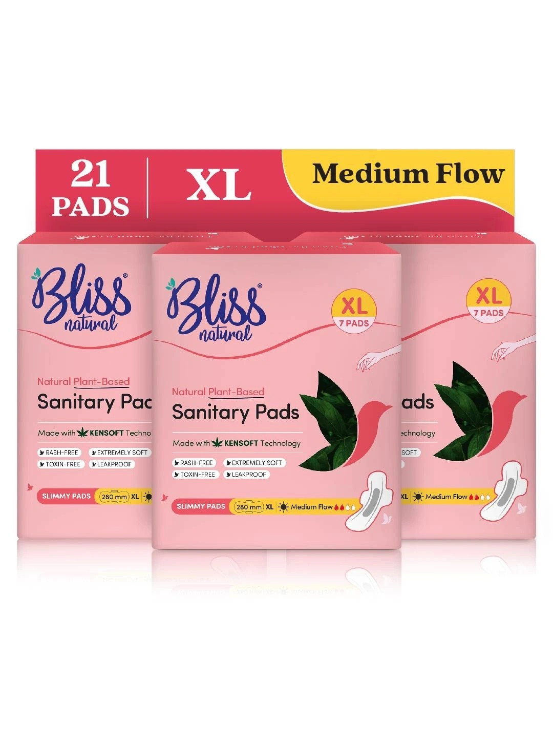 BLISSNATURAL Set Of 3 Ultra Thin Rash-Free Plant Based XL Sanitary Pads For Medium Flow - 7Pcs Each