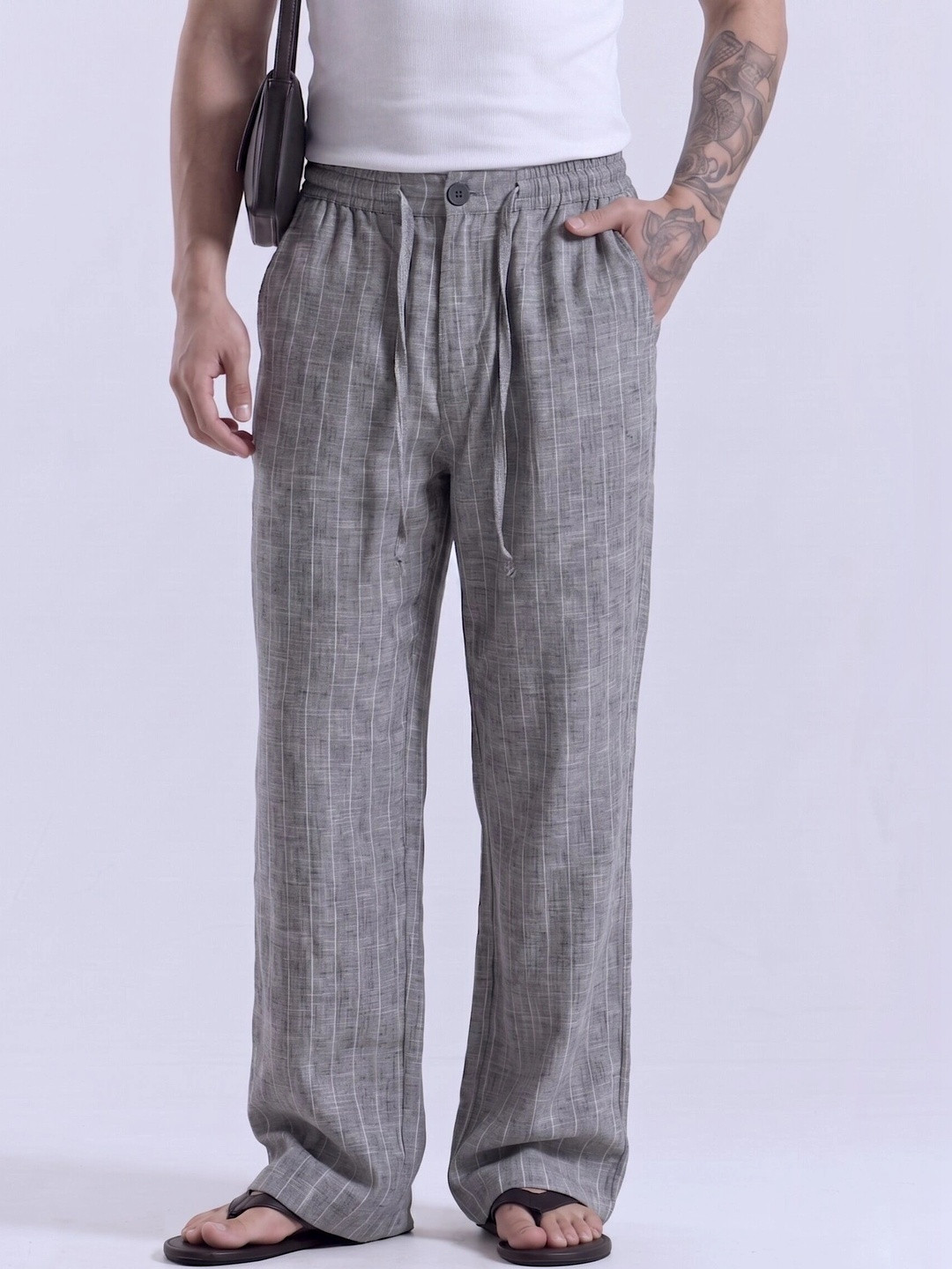 SAINT PEACH Men's Mid-Rise Relaxed Fit Cotton Linen Pant