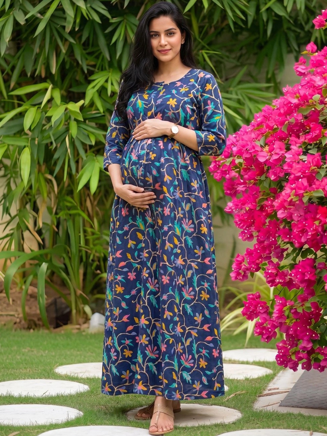 Asenne Floral Printed Soft Cotton Maternity A-Line Maxi Dress With Both Side Feeding Zip