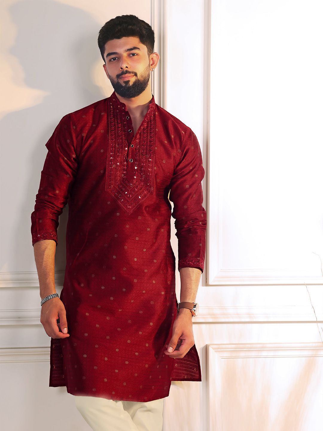 Koshin Floral Woven Design Long Sleeves Regular Mirror Work Jacquard Art Silk Kurta