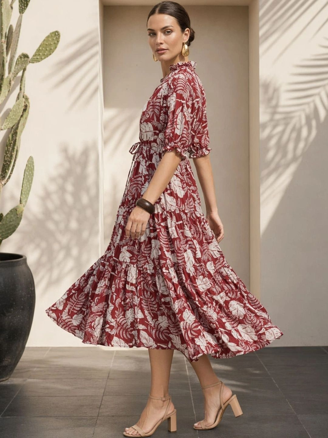 YUVITY Tropical Print A-Line Midi Dress