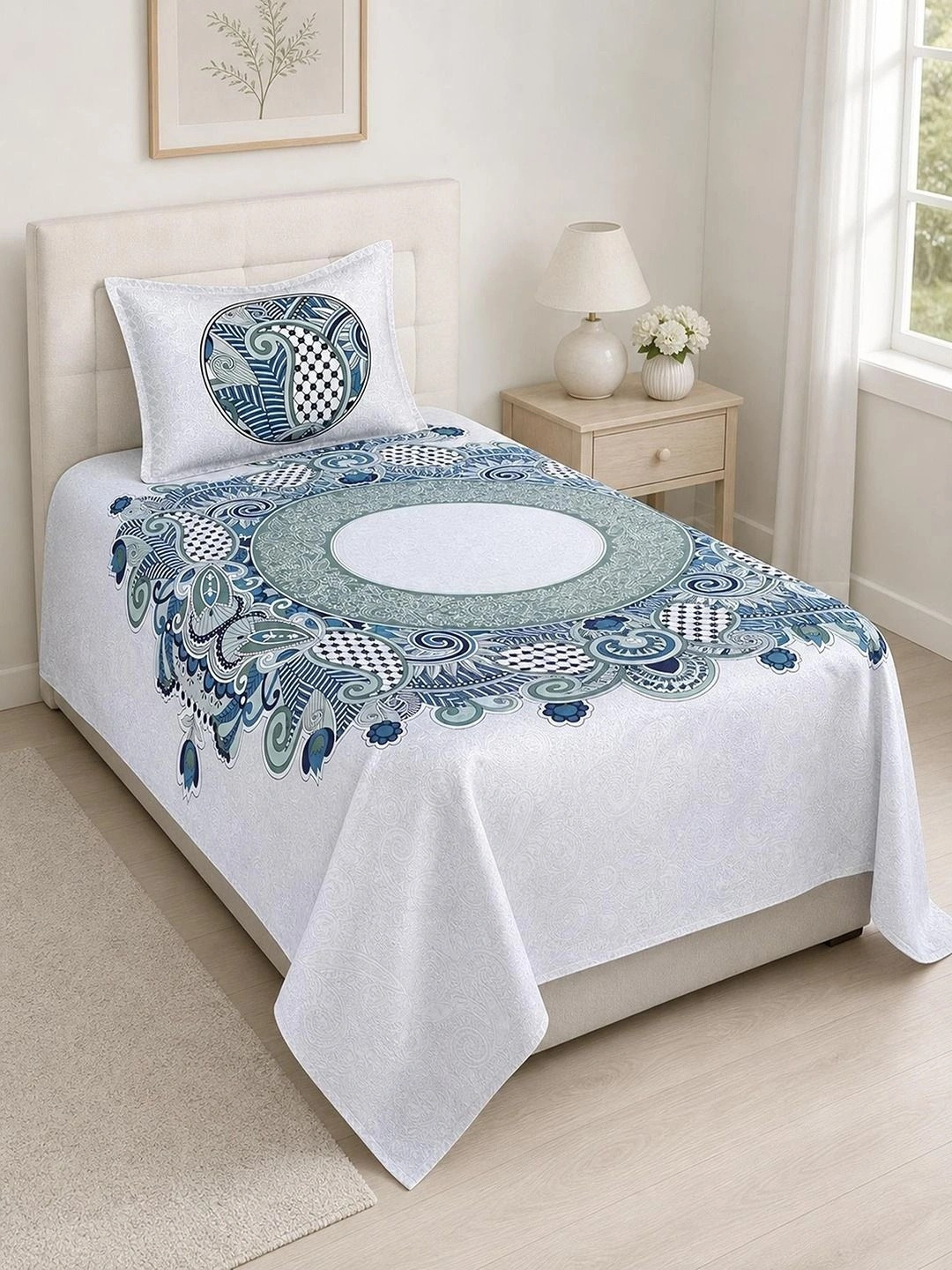 Bombay Spreads Blue & Green Floral 144 TC King Bedsheet with 1 Pillow Covers