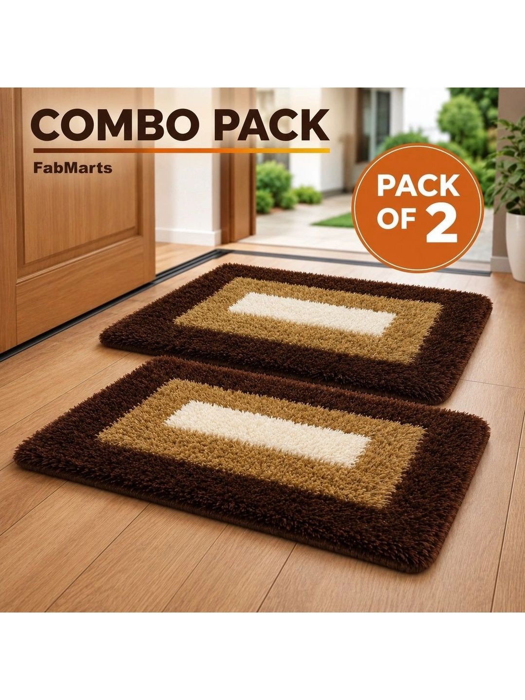 FabMarts 2-Pcs Brown & Beige Durable Anti-Skid Doormats