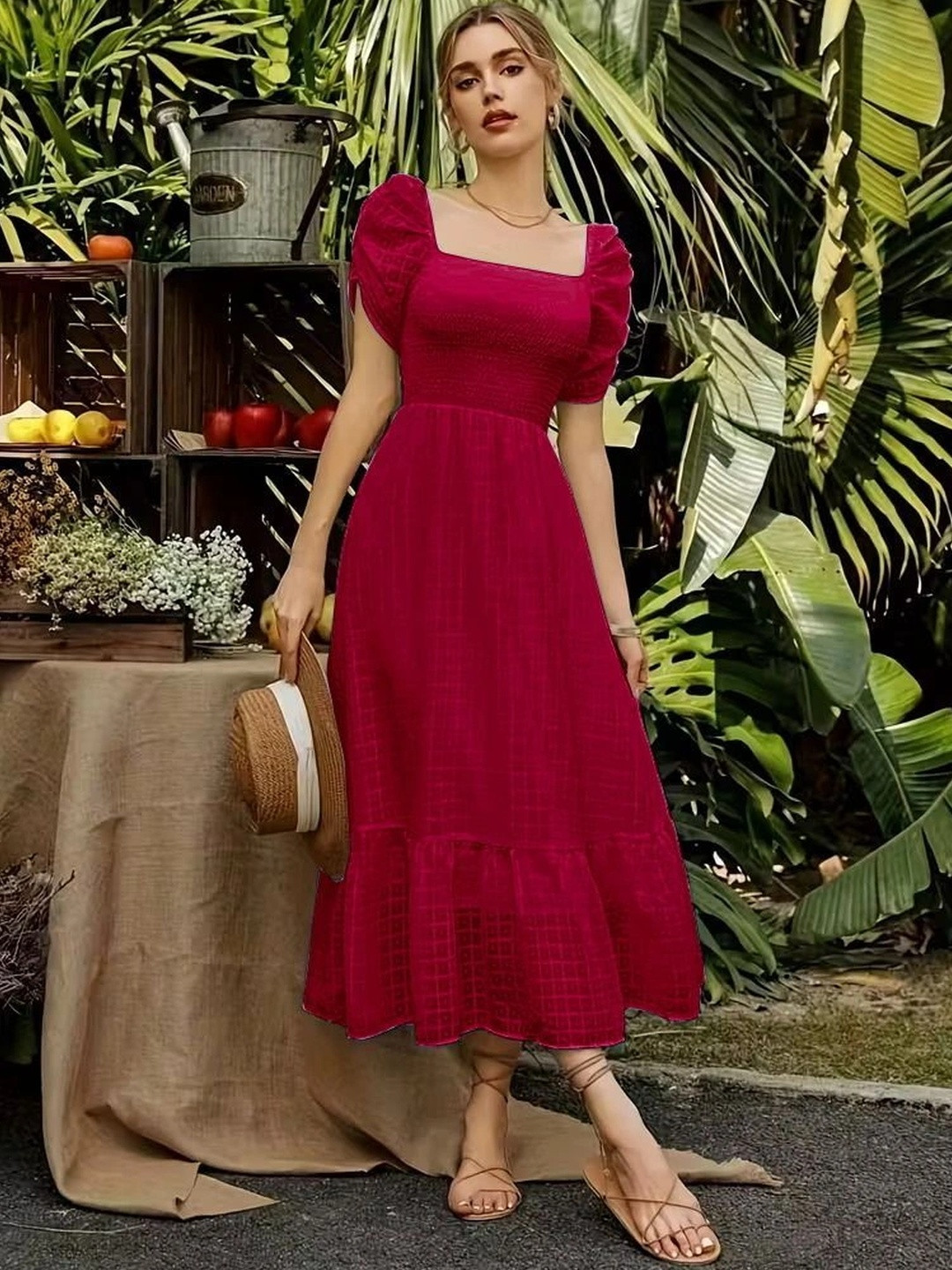 SHREYAM Puff Sleeve PU Coated A-Line Midi Dress