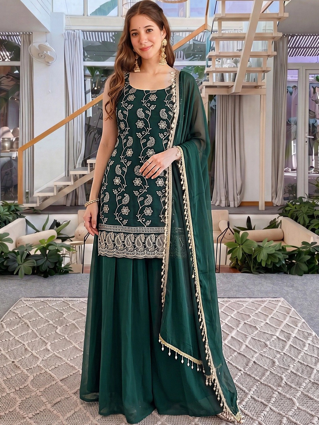 Sangria Women Ethnic Motifs Embroidered Regular Thread Work Kurta with Sharara & With Dupatta