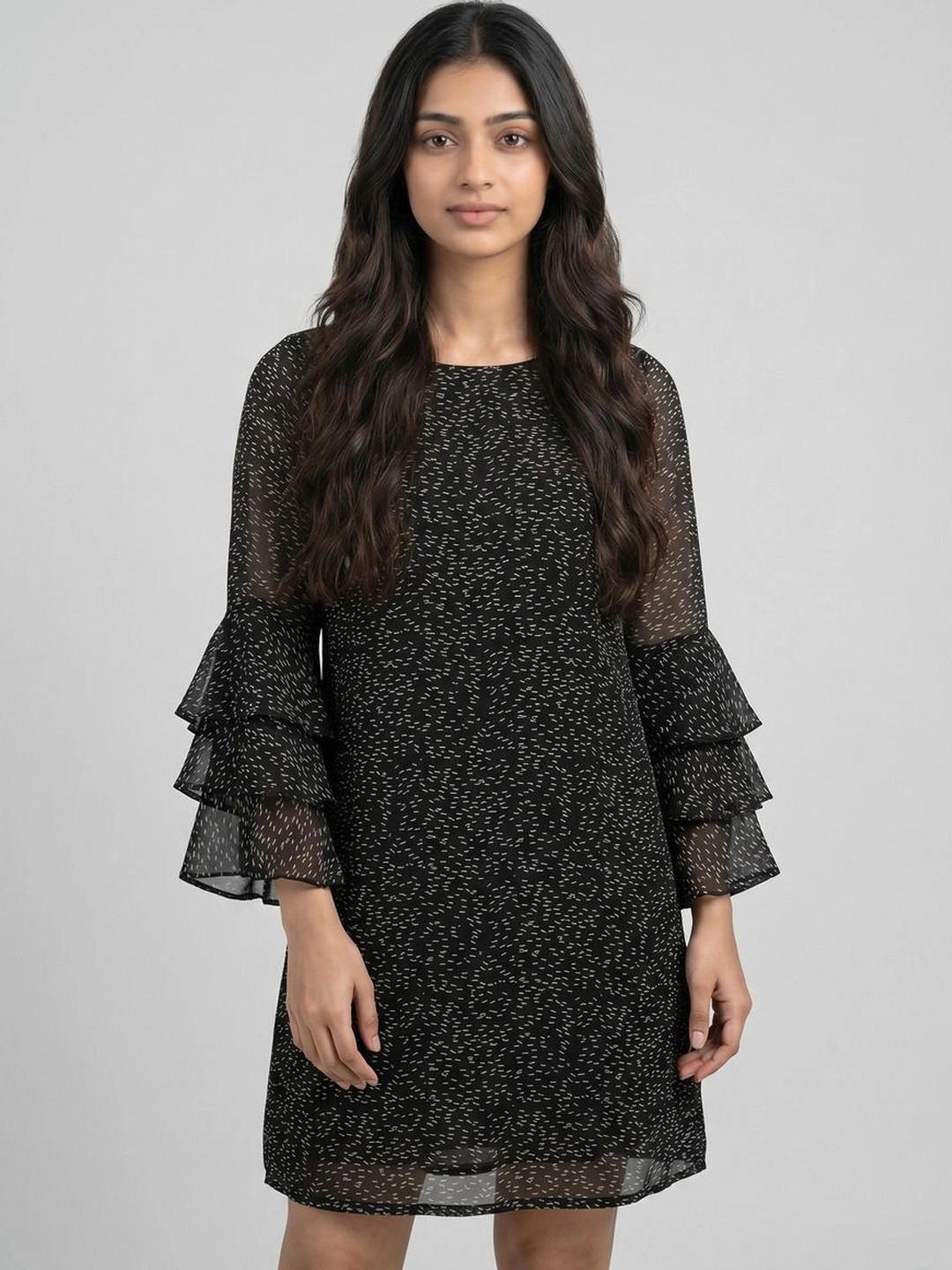 Hive91 Print Flared Sleeve Ruffled Georgette Dress