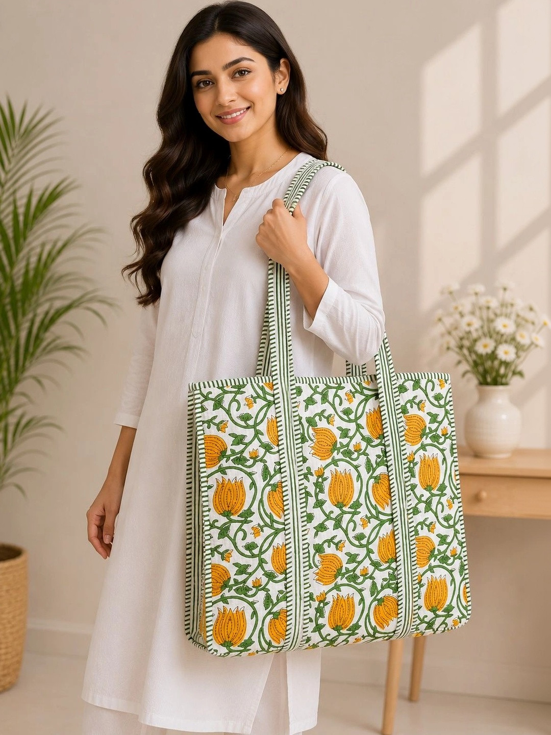 Anouk Floral Printed Tote Bag with Quilted